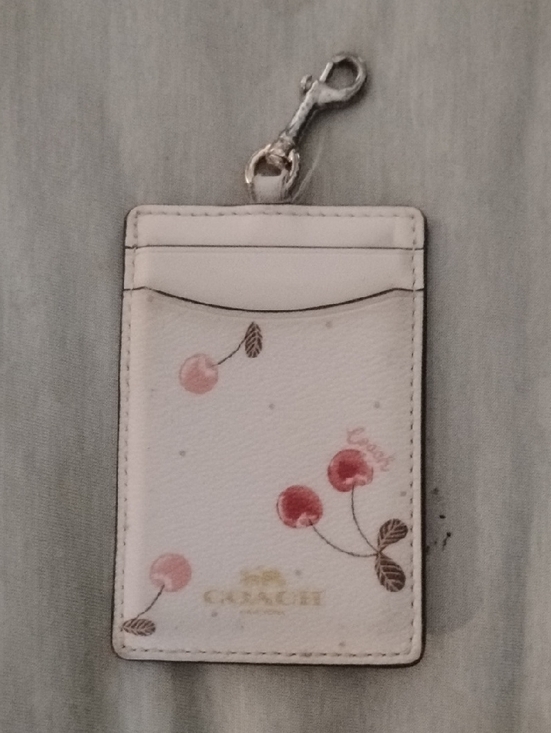 Coach Handbags - Coach White Cherry Print Leather ID Card Holder with Gold Logo and Silver Clip